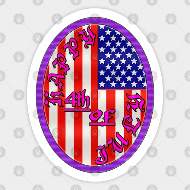 Happy 4th of July Flag Design - Fourth of July US American Flag Pendent Emblem - Purple Ring, Pink Letters Sticker by CDC Gold Designs